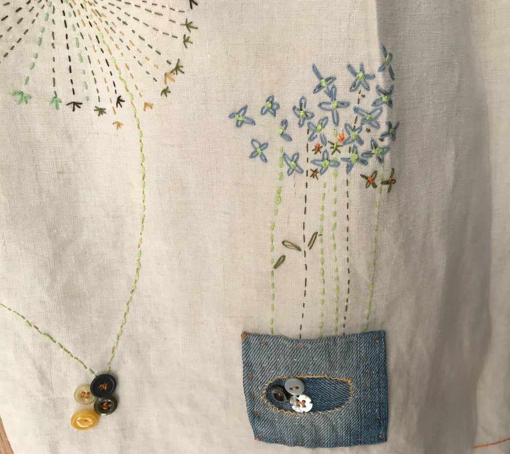 One-Off Coat made from Vintage Linen, Re-Worked Levis Jeans, with Sanderson Linen with hand embroidery.