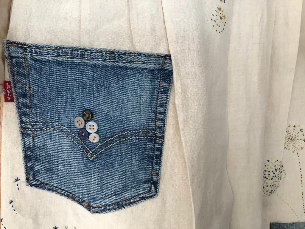 One-Off Coat made from Vintage Linen, Re-Worked Levis Jeans, with Sanderson Linen with hand embroidery.