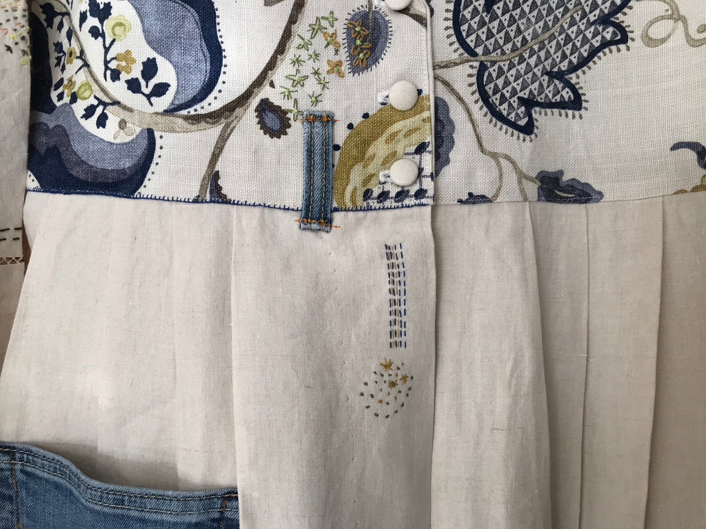 One-Off Coat made from Vintage Linen, Re-Worked Levis Jeans, with Sanderson Linen with hand embroidery.
