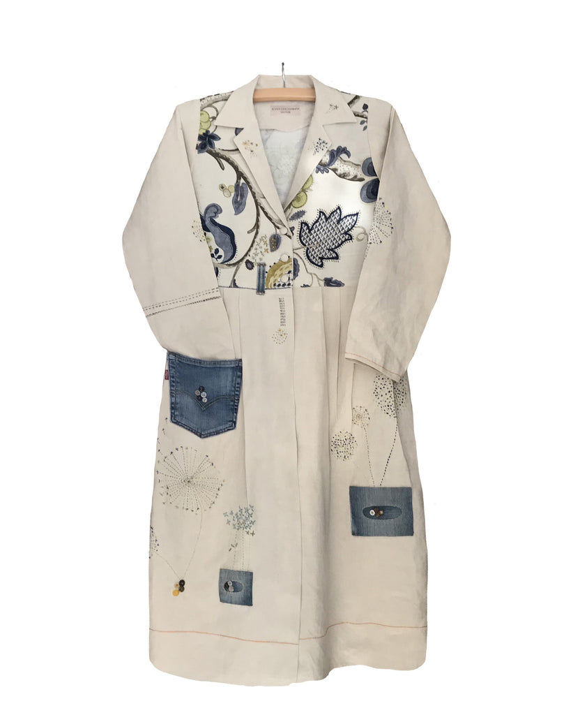 One-Off Coat made from Vintage Linen, Re-Worked Levis Jeans, with Sanderson Linen with hand embroidery.