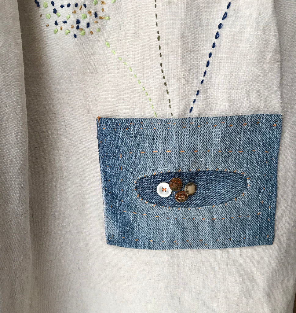 One-Off Coat made from Vintage Linen, Re-Worked Levis Jeans, with Sanderson Linen with hand embroidery.