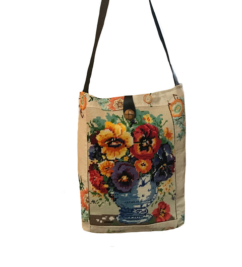 Unique Bag made from a Hand-worked Tapestry, Vintage embroidered Linen and 1950's Fabric
